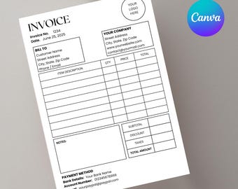 May include: A white invoice template with black text. The document includes fields for invoice number, date, customer details, item descriptions, and payment information. A Canva logo is in the upper right corner.
