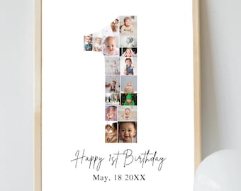 Birthday Number 1 Photo Collage| Birthday Gift| First Birthday Photo Milestone Sign| Editable 1st Birthday Photo Poster Template| Canva