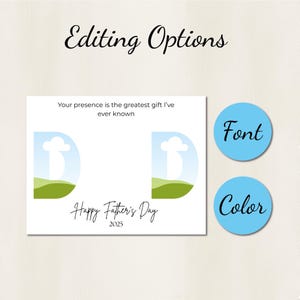 May include: A white Father's Day card design with the text "Your presence is the greatest gift I've ever known" and "Happy Father's Day 2025". Includes editing options for font and color.