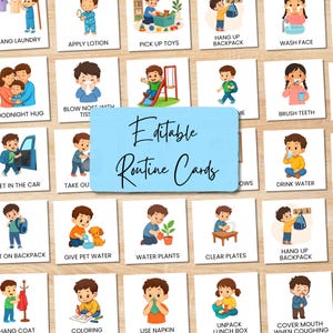 May include: A collection of square white cards featuring colorful cartoon illustrations of children performing daily tasks, with black text labels below each image. A light blue rectangular overlay in the center displays the text Editable Routine Cards.