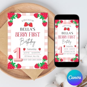Berry 1st Birthday Invitation, Berry First Birthday, Strawberry Digital Invite, Berry Mobile Invite, Birthday Invitation, Canva Editable