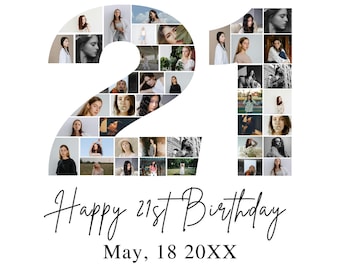 Collage fotografico per il 21° compleanno / Numero di compleanno 21 stampabile / Regalo per il 21° compleanno / Modello per collage fotografico per il 21° compleanno / Modificabile per il 21° compleanno / Canva