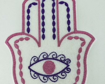 Metallic hot pink and purple embroidered hamsa iron on patch