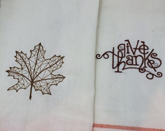 Retro stripe Thanksgiving themed embroidered tea towel set