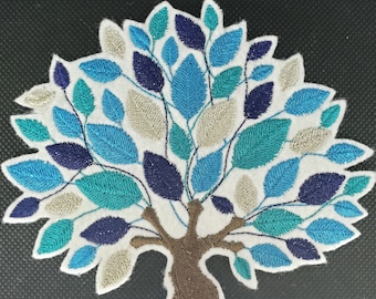 Tree of life with silver and shades of blue embroidered iron on patch