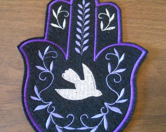embroidered Silver dove and olive branch hamsa iron on patch