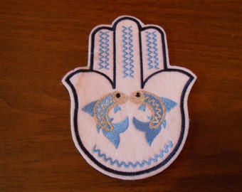 6.75 inch silver and blue embroidered fish hamsa iron on patch