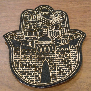 Delicate gold metallic embroidery Jerusalem scene Chamsa, hamsa, khamsa iron on patch