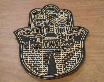 Delicate gold metallic embroidery Jerusalem scene Chamsa, hamsa, khamsa iron on patch