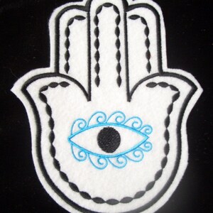 Turquoise and black embroidered hamsa iron on patch