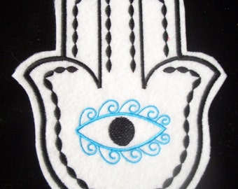 Turquoise and black embroidered hamsa iron on patch