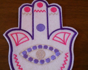 6.75 inch art deco style embroidered hamsa iron on patch shades of purple, hot pink and silver