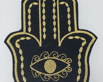 golden hamsa metallic  thread embroidered iron on patch