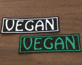 White or green Vegan embroidered on sparkly eco felt iron on patch