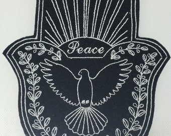 7 inch embroidered hamsa iron on patch white on black with dove and peace