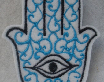 Turquiose with black hamsa, chamsa, khamsa embroidered iron on patch