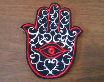 Red, white and black hamsa chamsa khamsa embroidered iron on patch