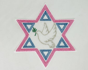 Embroidered Silver Pink and Turquoise Jewish star iron on patch