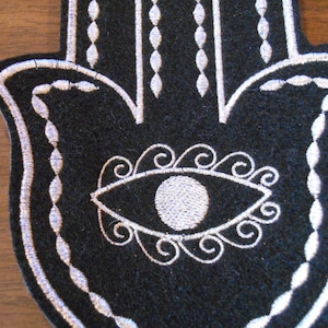 Silver metalic thread on black embroidered hamsa iron on patch
