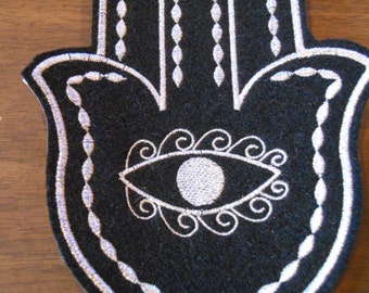 Silver metalic thread on black embroidered hamsa iron on patch