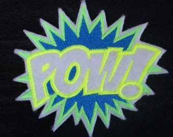 POW super hero embroidered iron on patch in bright neon shades