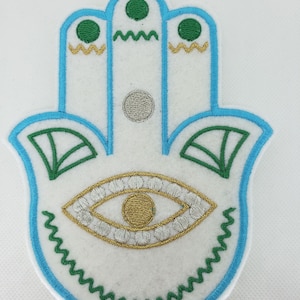 6.75 inch art deco style embroidered hamsa iron on patch shades of green, blue, gold and silver