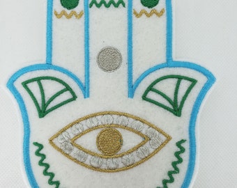 6.75 inch art deco style embroidered hamsa iron on patch shades of green, blue, gold and silver