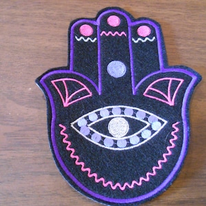 6.75 inch art deco style embroidered hamsa iron on patch shades of purple, hot pink and silver
