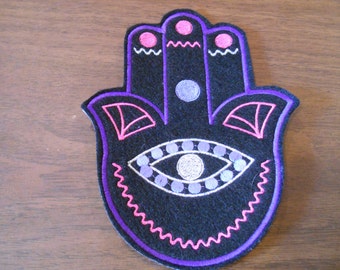 6.75 inch art deco style embroidered hamsa iron on patch shades of purple, hot pink and silver