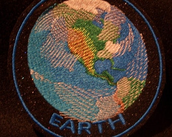 black sparkly felt 4 inch planet earth embroidered iron on patch
