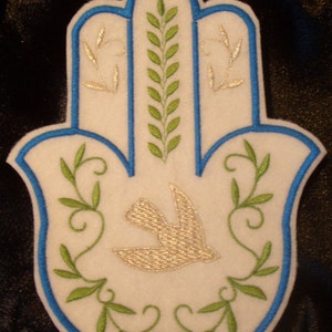 embroidered Silver dove and olive branch hamsa iron on patch