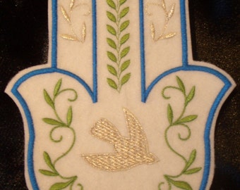 embroidered Silver dove and olive branch hamsa iron on patch