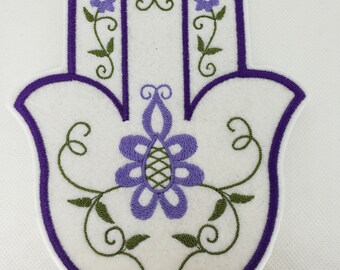 embroidered purple and green floral hamsa iron on patch