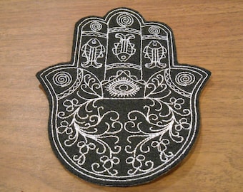 Delicate silver embroidery on black felt Chamsa, hamsa, khamsa iron on patch