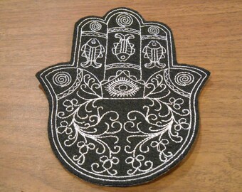 Delicadobordado de plata en fieltro negro Chamsa, hamsa, hierro khamsa en parche