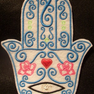Turquoise embroidered hamsa with heart, flowers, and fish iron on patch