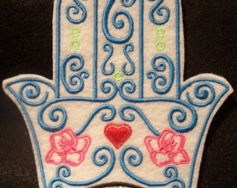 Turquoise embroidered hamsa with heart, flowers, and fish iron on patch