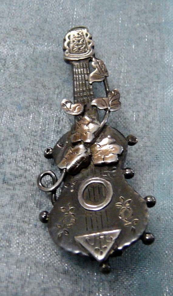 Guitar Brooch Antique Silver
