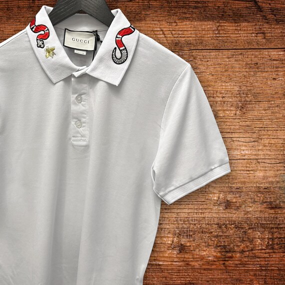Gucci Snake Embroidery on Collar White Polo Shirt Size L - Etsy Gucci Snake Embroidery on Collar White Polo Shirt Size L - Etsy