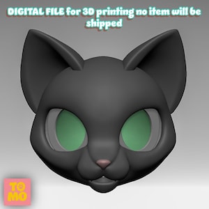 May include: A 3D-printed black cat head with large green eyes and a pink nose. The image includes the text "DIGITAL FILE for 3D printing no item will be shipped". The cat head is a digital file for 3D printing.