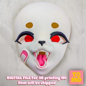 May include: White 3D printed furry mask with red eyes, a pink tongue, and a white bandage on the cheek. The mask is for 3D printing and is not shipped. The text "DIGITAL FILE For 3D printing NO item will be shipped" is at the bottom of the image.