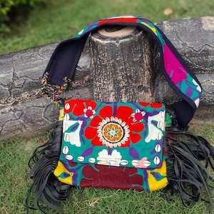 Handmade Banjara Shoulder Bag: Vintage Afghan Fabric, Leather Fringe