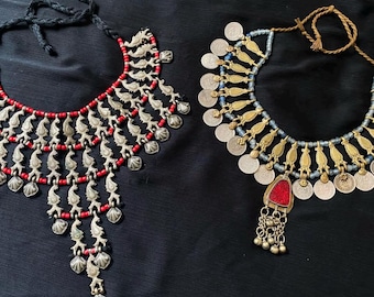 Set of 2 Vintage Afghan Necklaces | Tribal Kuchi Coin Necklace Duo |Ethnic Nomad Statement Necklaces | Festival Jewelry