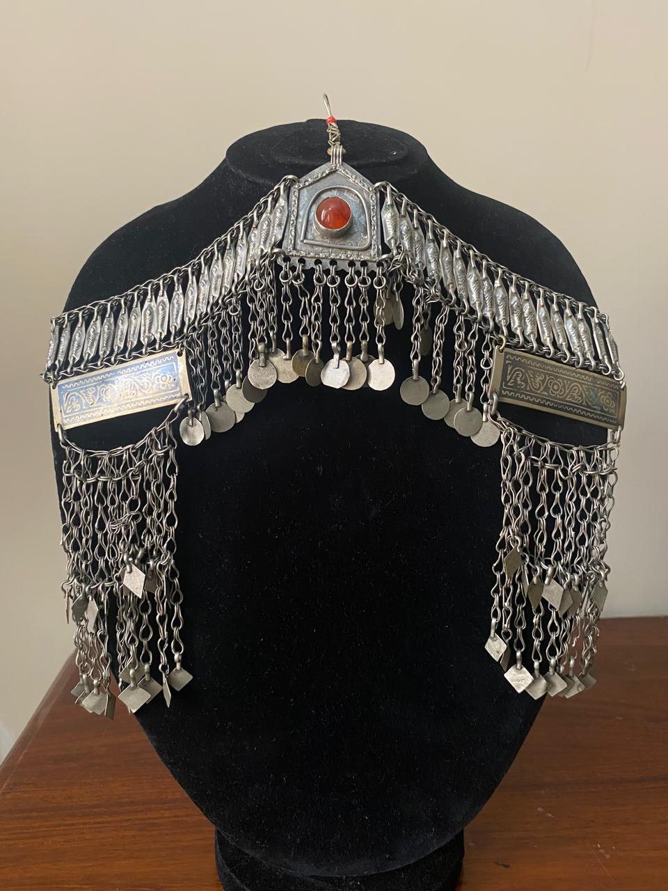 Vintage Turkmen Mathapatti Tribal Headpiece - Afghan Kuchi Silver Tone Headdress with Natural Aqeeq .