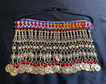 Tribal Coin & Beadwork Vintage Afghan Choker Necklace - Unique Ethnic Jewelry