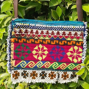 Handmade Afghan Embroidered Pouch: Boho Beaded Clutch with Leather Strap
