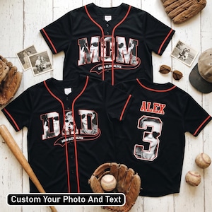 May include: Black baseball jerseys with red trim and personalized photo designs. One jersey says "MOM" and another says "DAD", each with a photo. A third jersey has the name "ALEX" and the number 3. The text "Custom Your Photo And Text" is at the bottom.