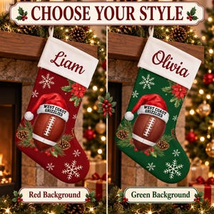 May include: Two Christmas stockings, one red and one green, featuring a white cuff with the names Liam or Olivia. Each stocking displays a brown football wearing a Santa hat with the text West Coast Grizzlies, surrounded by snowflakes, pinecones, and poinsettias.