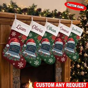 May include: Five Christmas stockings with white cuffs featuring the names Liam, Olivia, Ethan, Emma, and Jackson. The stockings are green and red with a graphic of a laptop wearing a Santa hat and the text Open Source Guild.