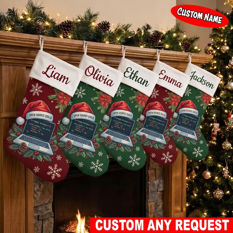 May include: Five Christmas stockings with white cuffs featuring the names Liam, Olivia, Ethan, Emma, and Jackson. The stockings are green and red with a graphic of a laptop wearing a Santa hat and the text Open Source Guild.